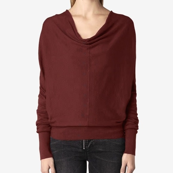 AllSaints Elgar Cowl Neck Sweater Size 4 Dark Red Cotton - Picture 3 of 4